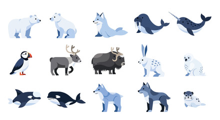 Fototapeta premium Arctic Animals Collection - Polar Bear, Wolf, Whale, Narwhal, Puffin, Reindeer, Muskox, Hare, Seal, Orca, Arctic Fox, Husky, and Arctic Dog.
