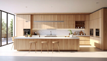 Spacious modern kitchen interior design with large wooden furniture. An inviting and serene luxury home with view