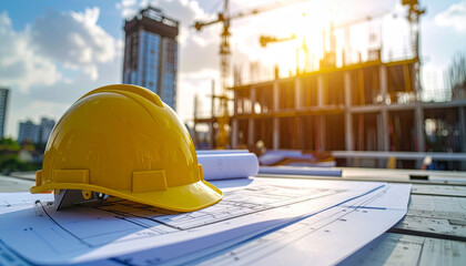 Hopeful construction site with yellow hard hat on blueprint. building project by an engineer showing future development