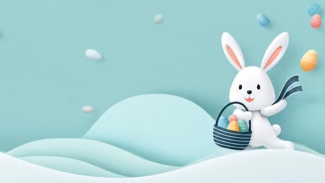 Cartoon easter bunny with basket and eggs in light blue setting
