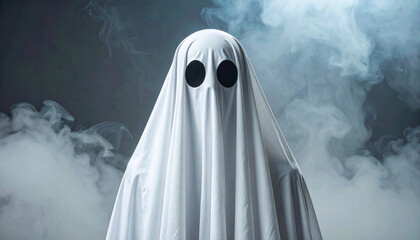 White scary ghost figure draped in sheet with hollow black eyes. This spooky and mysterious character floats in dark smoke