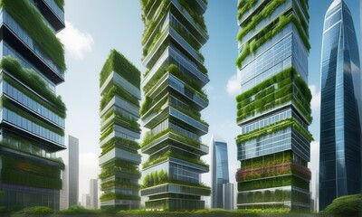 Green Skyscraper Facades Integrating Lush Plants Under Bright Sunny Sky