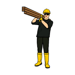 A man carrying wood on his shoulders is seen in the foreground vector illustration