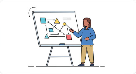 Business professional presenting flowchart diagram, guiding viewers through complex data analysis, presenting insights, and strategic overview,