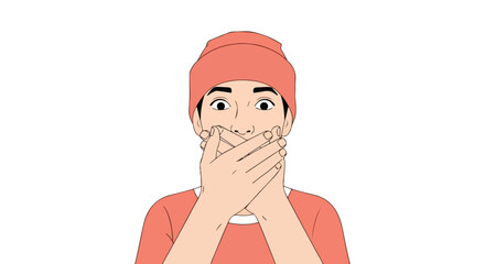Obraz premium Cartoon portrait depicting a young man with surprised expression covering his mouth displaying shock and disbelief with minimalistic lines and clear