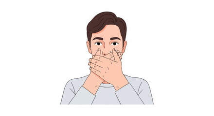 Illustration of a man with hands covering his mouth, conveying silence or surprise emotion, featuring clean and simplistic design elements in a