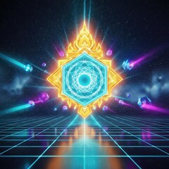 Futuristic Thai ornamental emblem with glowing blue crystal center, golden spark effects