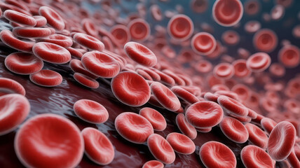 Microscopic red blood cell flow inside human vein. scientific background for biology and medical circulation concept