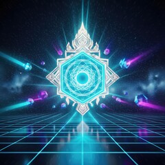 Futuristic Thai ornamental emblem with glowing blue crystal center, golden spark effects