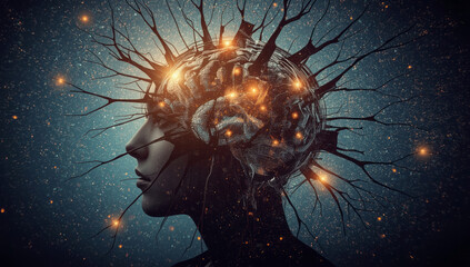 Abstract concept of thinking human mind. glowing brain with neuron branches representing thought, ideas and consciousness