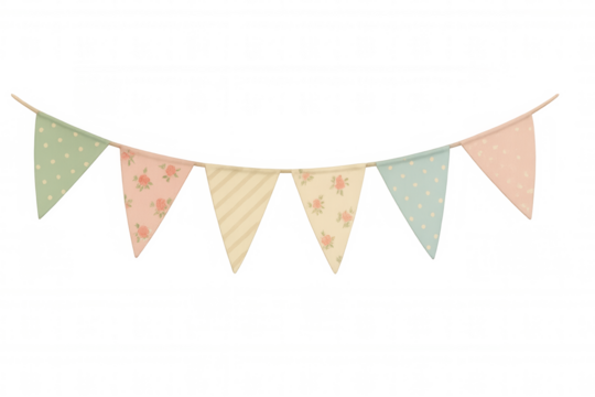 Shabby chic bunting pennants with floral patterns and polka dots for celebration occasions, transparent background