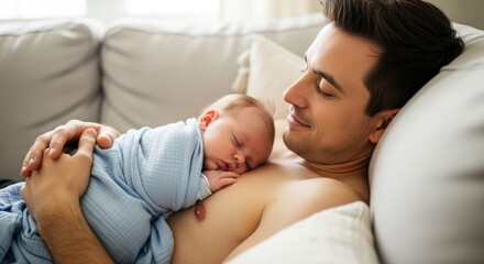 A loving father rests on a couch, holding his newborn baby close to his chest, both appearing peaceful and content.