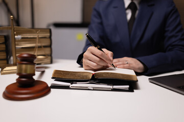 Female lawyer in office, Corporate lawyer at workspace, Attorney with legal books and gavel,