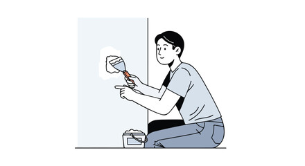 Cartoon depiction of a man applying spackle to repair a wall imperfection with a putty knife and smiling