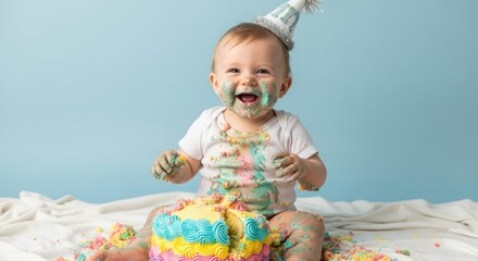 A happy baby covered in cake and frosting celebrates their first birthday with a smash cake.