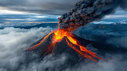 A powerful volcano erupts, spewing lava and ash into the sky, surrounded by clouds and mountains, raw power of nature.