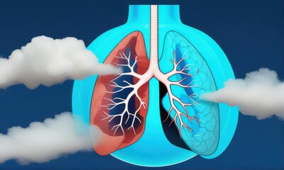 Illustration of Human Lungs with Cloud Smoke on Blue Gradient Background