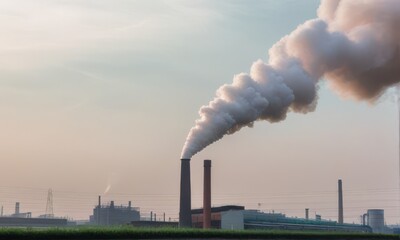 Industrial Landscape with Plumes of Smoke Against Sky Scape
