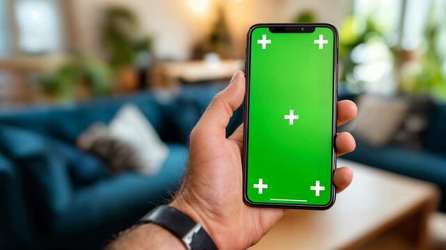 Hand holding smartphone with green screen, mockup template and digital connectivity concepts fitting for mobile app, ecommerce, and tech branding visuals.