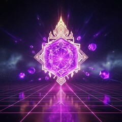Futuristic Thai ornamental emblem with glowing purple crystal