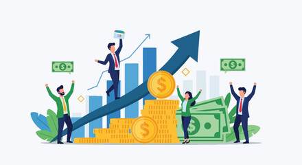 Flat style illustration of business success with people celebrating financial growth, rising charts, and stacks of coins, symbolizing profit, investment, wealth, and economic achievement