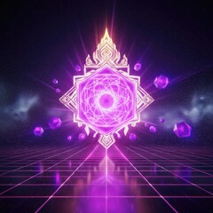 Futuristic Thai ornamental emblem with glowing purple crystal