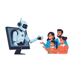 Flat style illustration of people interacting with an AI robot through a computer, symbolizing artificial intelligence, machine learning, digital innovation, and human-technology collaboration