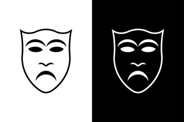 Theater Mask Drama Icon on Black and White Background.