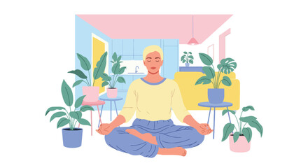 Flat style illustration of a woman meditating at home on a yoga mat, surrounded by indoor plants, promoting mindfulness, relaxation, self-care, and a healthy balanced lifestyle.