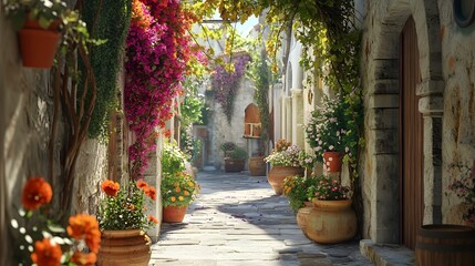 Obraz premium A narrow Mediterranean alleyway draped with flowering vines and pots 