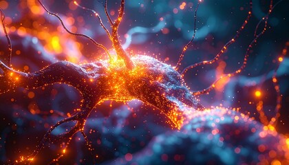 Abstract pathways, D neural Action, background, one connections render firing synaptic animated intricate glowing color