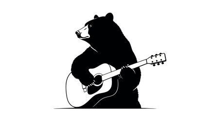Black silhouette of a standing bear playing an acoustic guitar with its paws isolated on transparent background