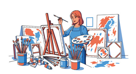 flat style Illustration of an artist painting a colorful landscape on canvas in a bright studio, surrounded by brushes, paints, and blank canvases, symbolizing creativity, art, and inspiration