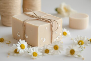 Beautifully wrapped bar of soap with tied ribbon surrounded by small daisies and dried flowers, symbolizing natural beauty and ingredients in handmade soaps with soft beige packaging elegance