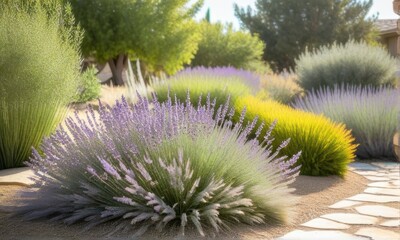 Lavenders and Colorful Bushes in Garden Landscape Under Bright Sunlight with Stone Pavement