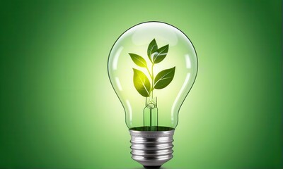 Light Bulb with Green Plant Inside on Light Green Background Symbolizing Sustainable Energy