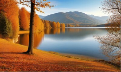 Lake Surrounded by Vibrant Autumnal Trees Reflecting in Calm Water With Distant Mountain Views