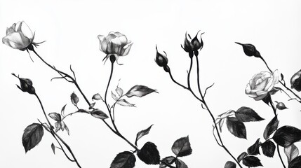 Fototapeta premium Black and white sketch, strong contrast, rose buds, long stems, vines, leaves, white background 