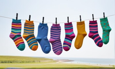 Line of Colorful Striped and Polka Dot Socks Hanging on a Clothesline Against Clear Blue Sky