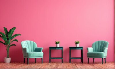 Living Room with Two Armchairs, Two Tables and Plant Against Pink Wall