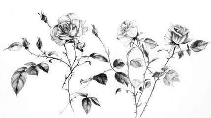 Obraz premium Black and white sketch, strong contrast, rose buds, long stems, vines, leaves, white background 