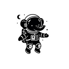 Whimsical Space Elephant Exploring the Cosmos Cute Animal Astronaut Illustration in Black and White Space Adventure Graphic for Kids and Adults Cosmic Elephant Icon Design