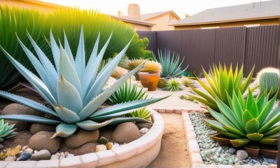 Lush Desert Garden with Agave Plants Gravel and Brick Edging in Sunny Backyard