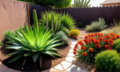 Lush Desert Garden with Stone Path and Brown Fence in Afternoon Sunlight