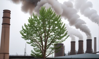 Lone Green Tree Standing Firmly Against a Backdrop of Factory Smoke Plumes