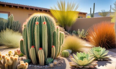 Lush Desert Garden with Thriving Cacti in Bright Sunlight and Tan Adobe Building Background