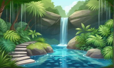 Lush Jungle Waterfall Cascade with Pixelated Ferns and Stone Steps in Teal Water