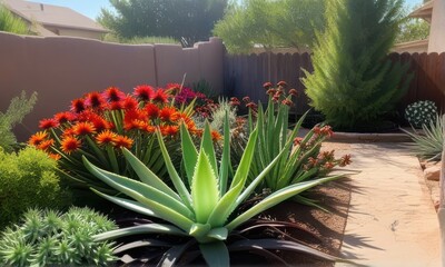 Lush Southwestern Garden with Vibrant Red and Orange Flowers and Succulents