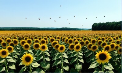 Lush Sunflower Field Under a Clear Sky with Distant Forest and Green Foliage