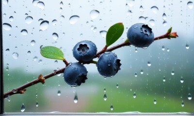 Macro Shot of a Blueberry Branch with Water Droplets on Glass against a Blurred Green Background